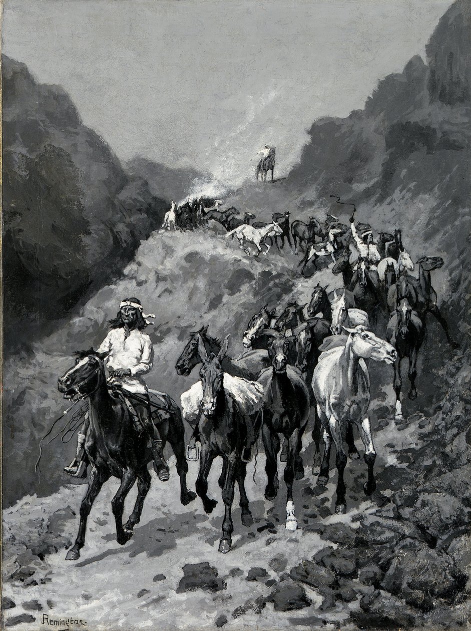 Geronimo and his Band Returning from a Raid into Mexico (olja på duk) av Frederic Remington