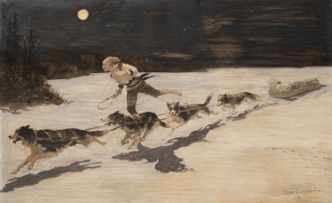 "Huskie"-hundar på den frusna motorvägen (Talking Musquash) av Frederic Remington