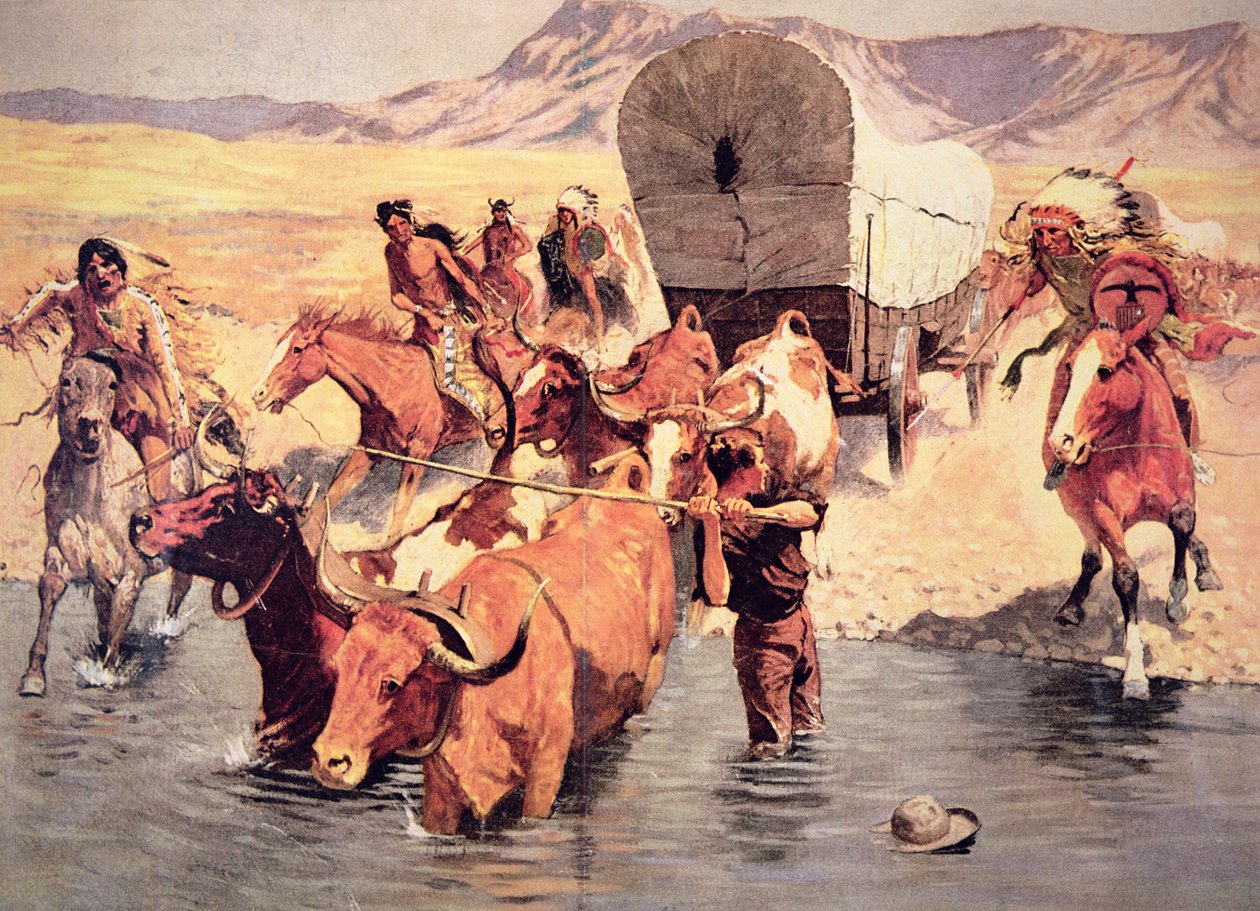 Indianer attackerar ett pionjärvagnståg (olja på duk) av Frederic Remington