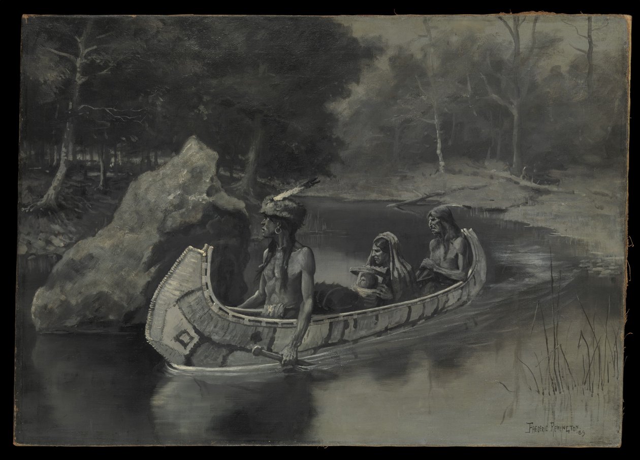 Kastade den rakt ner i floden … där den fortfarande syns på sommaren av Frederic Remington
