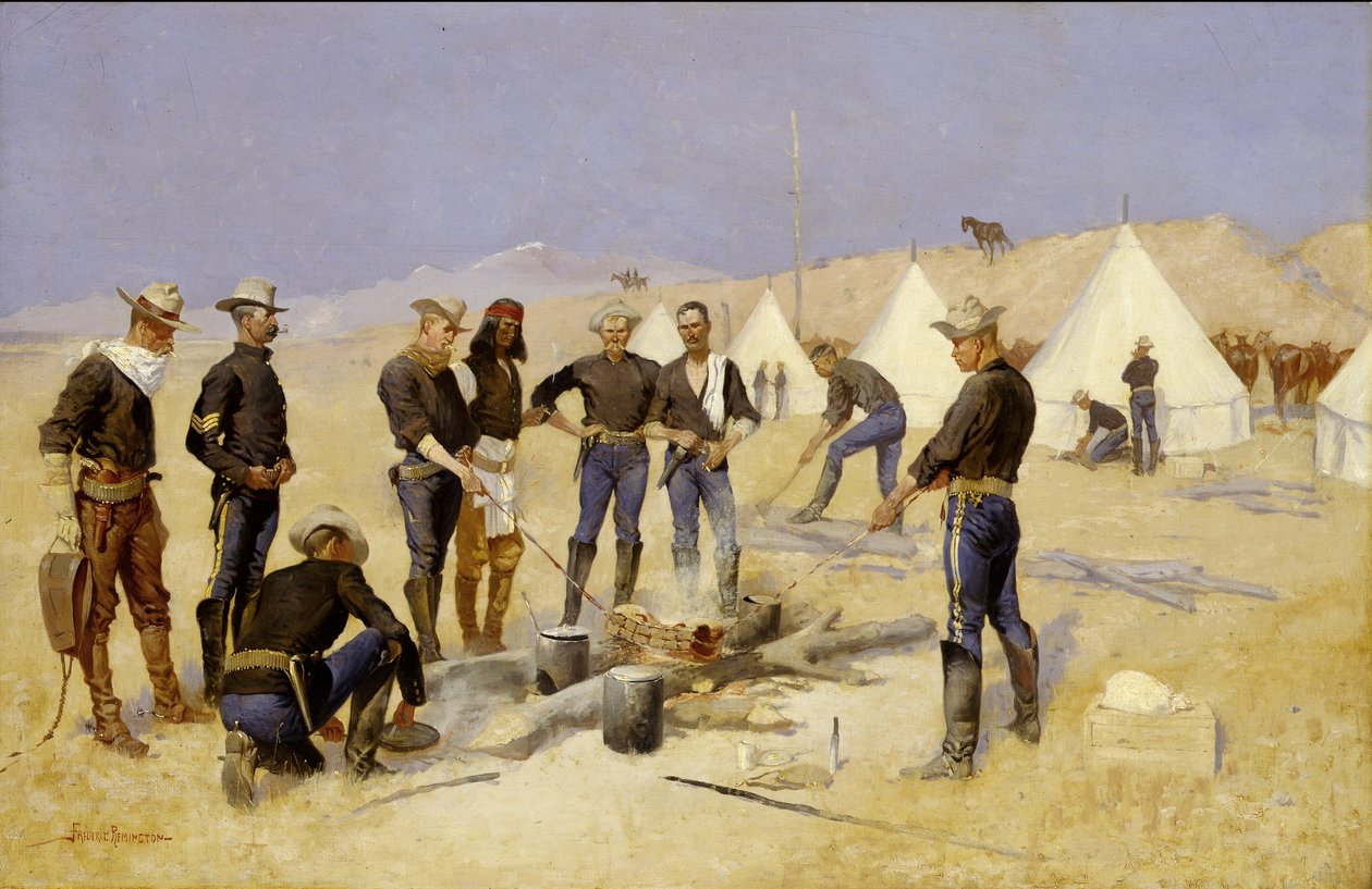 Steker julköttet i ett kavalleriläger, ca 1892 av Frederic Remington