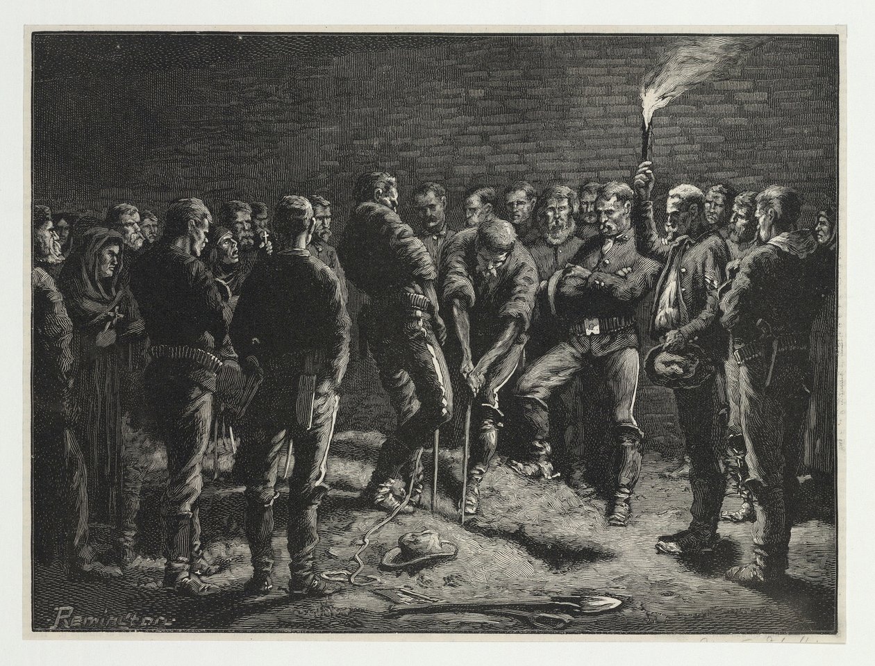 Apache-kampanjen - begravning av Hatfields män, från Harpers Weekly, pub. 1886 av Frederic Remington