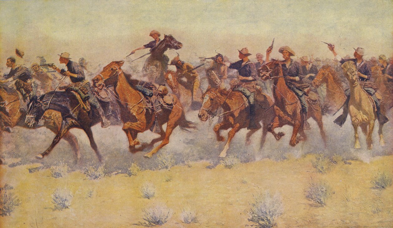 The Charge, från Colliers Weekly, pub.1906 av Frederic Remington