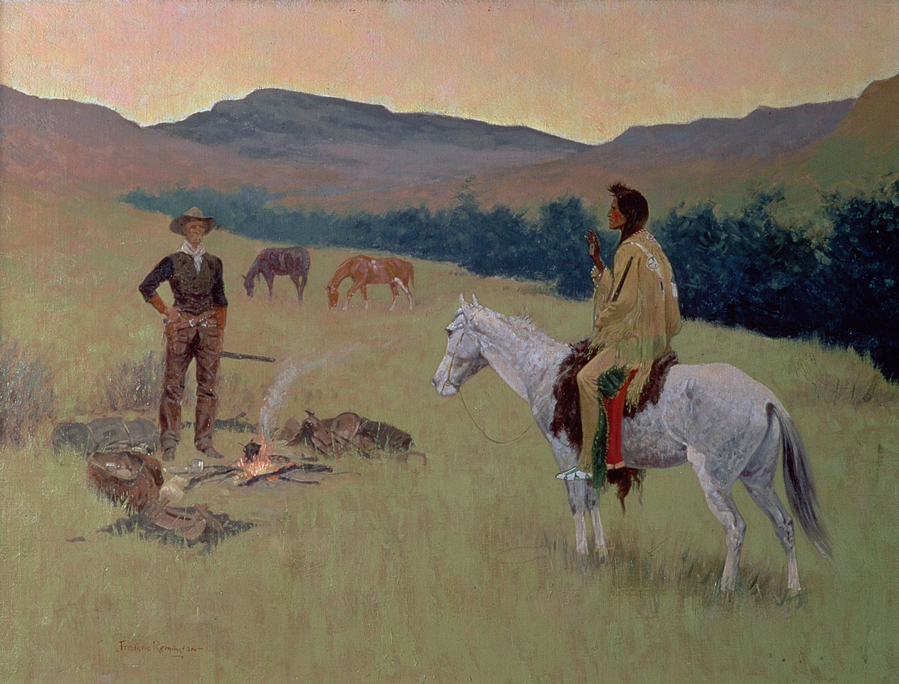 The Conversation, or Dubious Company (olja på duk) av Frederic Remington