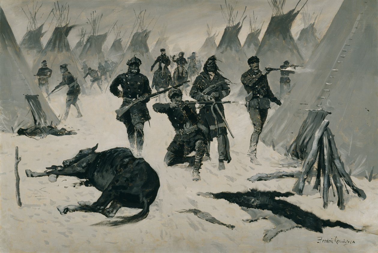 The Defeat of Crazy Horse (The Defeat of Crazy Horse av överste Miles, januari 1877, Winter Attack on an Indian Village) c.1901, möjligen c.1896 av Frederic Remington
