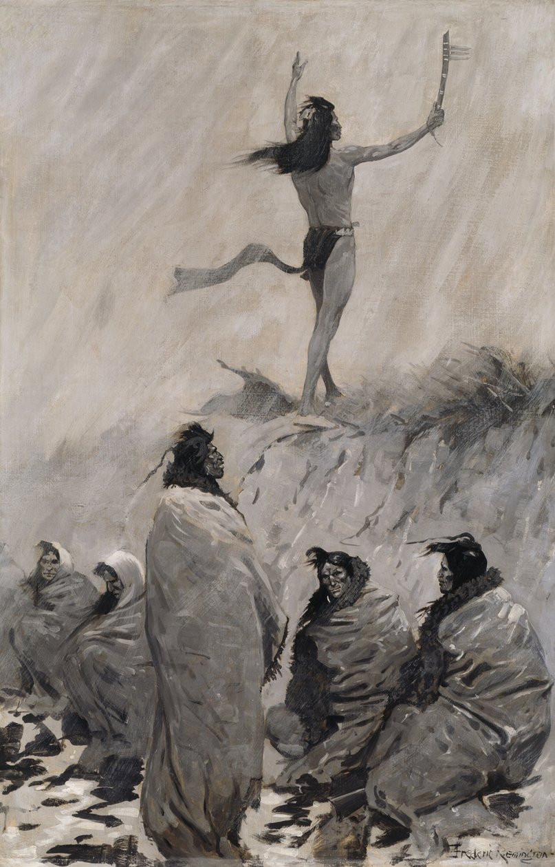 Eldätaren höjde sina armar mot åskfågeln, ca. 1900. av Frederic Remington