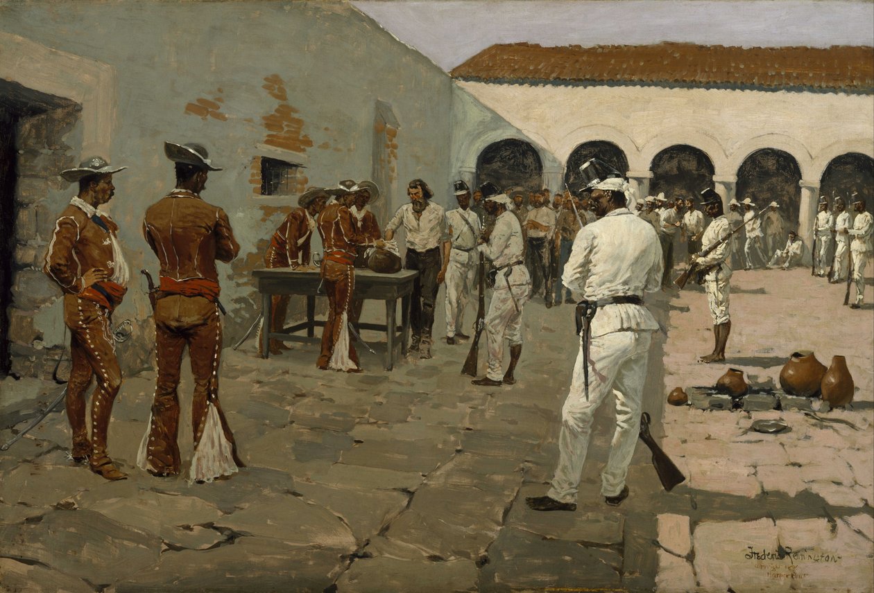 Mier-expeditionen:  Teckningen av den svarta bönan (Fångar som tecknar sina bönor) av Frederic Remington
