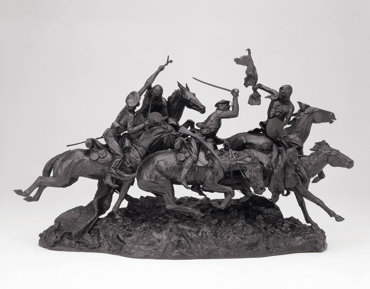 The Old Dragons of 1850, modellerad 1905, gjuten 1905-09 (brons med svart patina) av Frederic Remington