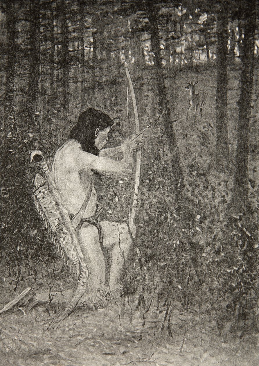 Då, på ett knä upprorisk, riktade Hiawatha en pil, från The Song of Hiawatha av Henry Wadsworth Longfellow (1807-82), publicerad av George G. Harrap und Company Ltd., 1911. av Frederic Remington