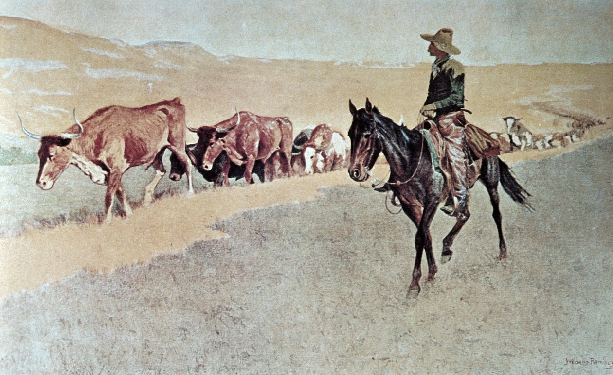 Trailing Texas Longhorns (olja på duk) av Frederic Remington