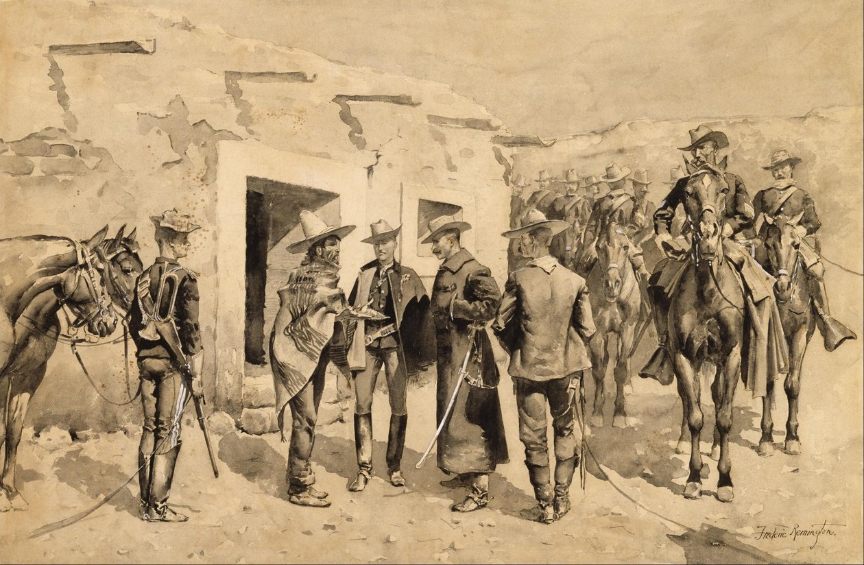U. Amerikanskt kavalleri jagar Garza-män vid Rio Grande av Frederic Remington