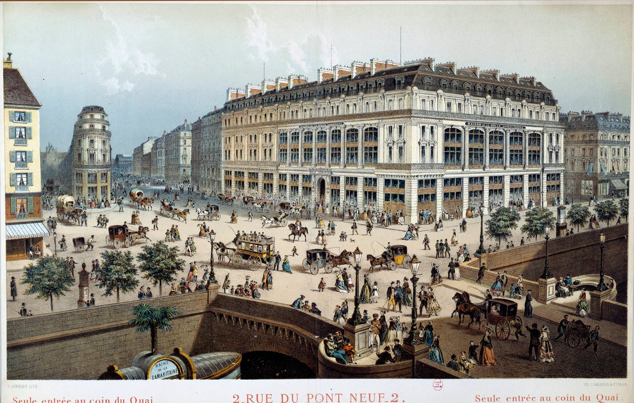 Exteriörvy av La Belle Jardiniere, rue du pont neuf i Paris på 1800-talet. Gravyr av Frederic Sorrieu (1807 -? ) av Frederic Sorrieu