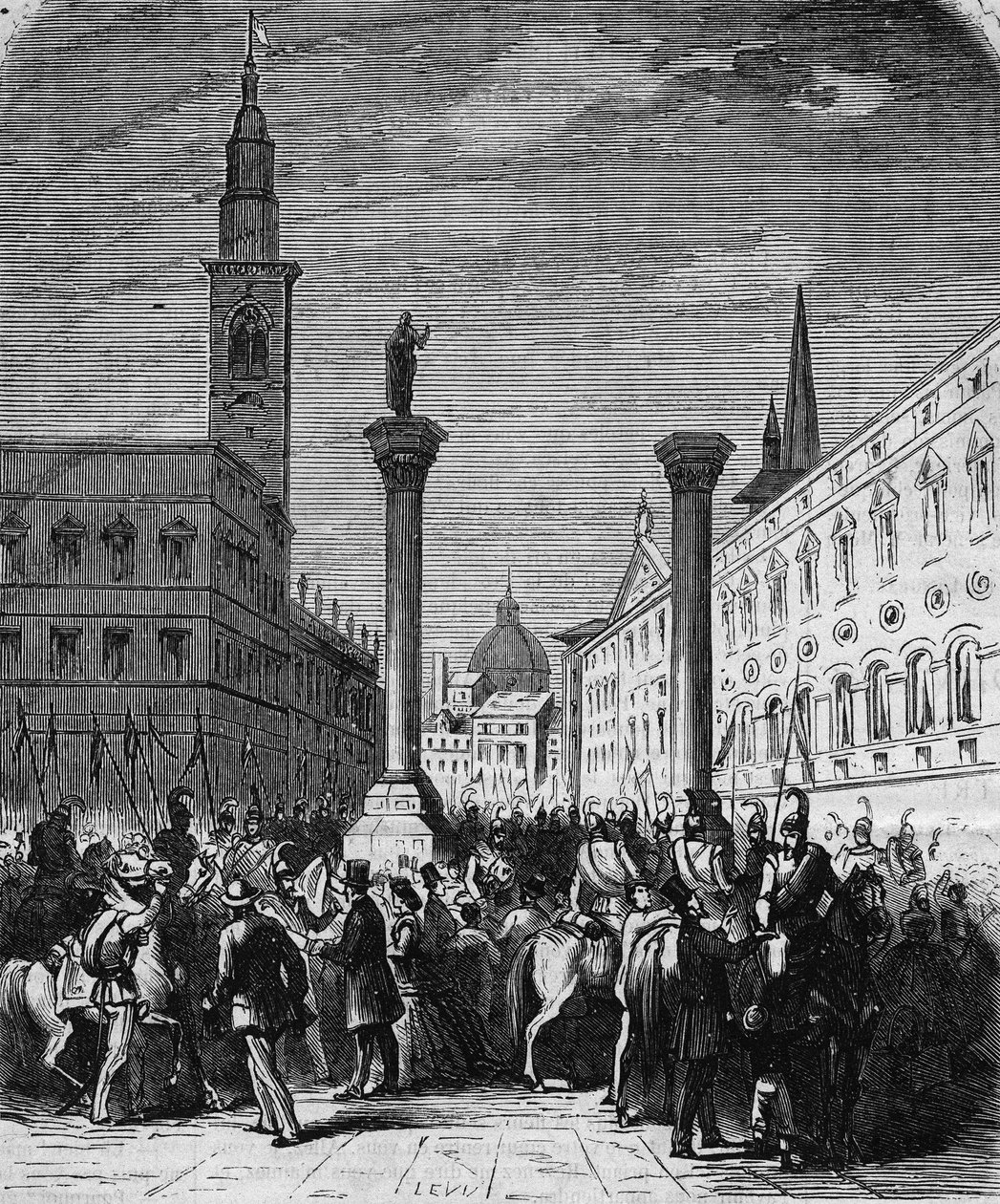Kavalleriet av kungariket Italien som ockuperar Piazza dei Signori i Vicenza, befriat från österrikarna 1866. Gravyr från en teckning av Lix. I "" L