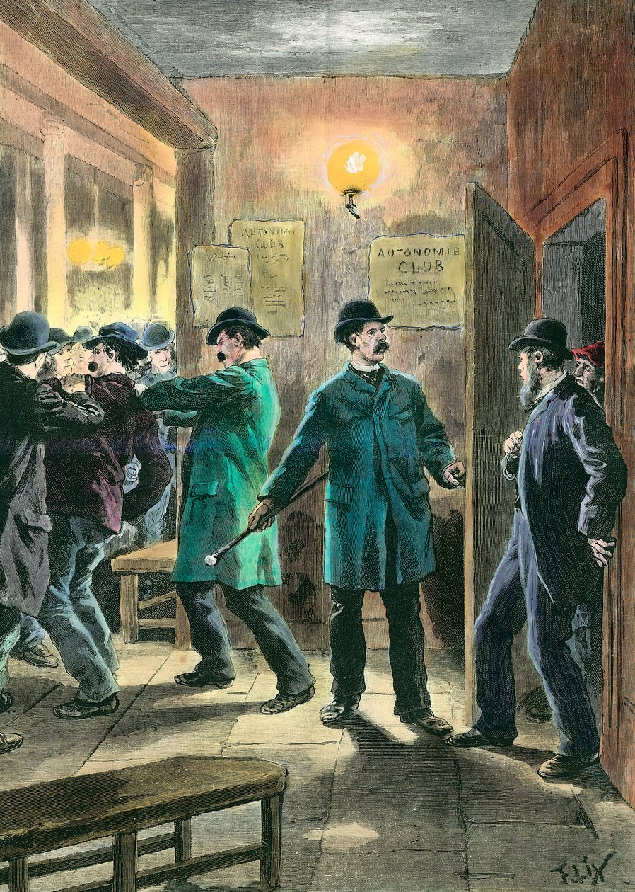 Anarkister i England: Polisen arresterar i Londons autonomistklubb Gravering av Frederic Lix (1830-1897) 1800-tals privatsamling av Frederic Theodore Lix