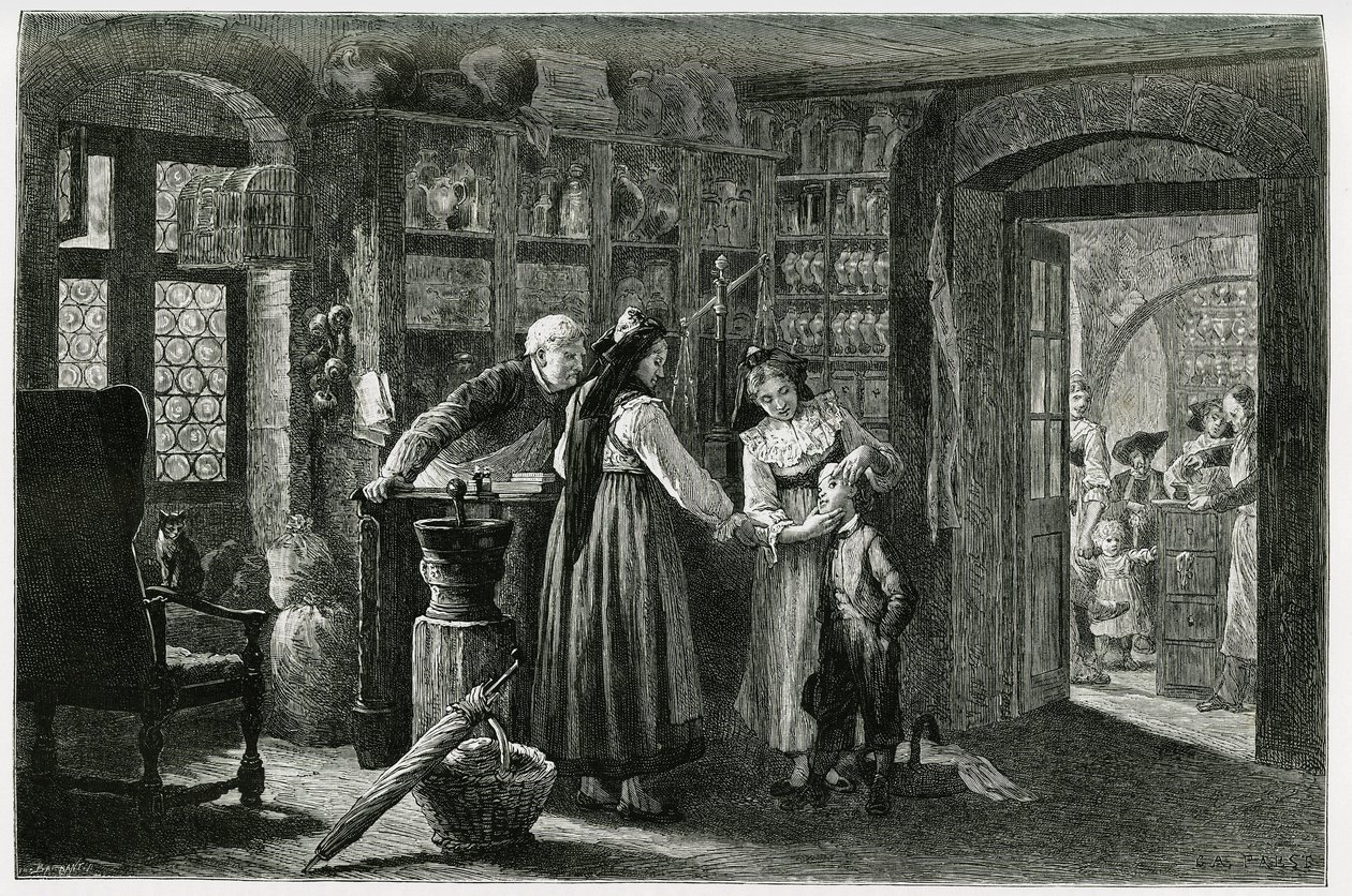 På apoteket i byn Kaysersberg (eller Kaisersberg, Alsace), en akut konsultation. Gravyr av F.Lix, för att illustrera berättelsen "Genom Alsace och Lorraine", 1884, av Charles Grad (1842-1890), tysk deputerad, författare och naturforskare. Pub av Frederic Theodore Lix