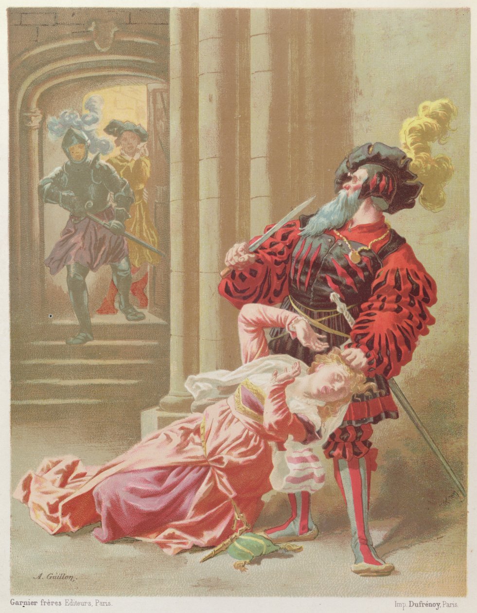 Blåskägg försöker döda sin sista fru, Fatima, illustration från 