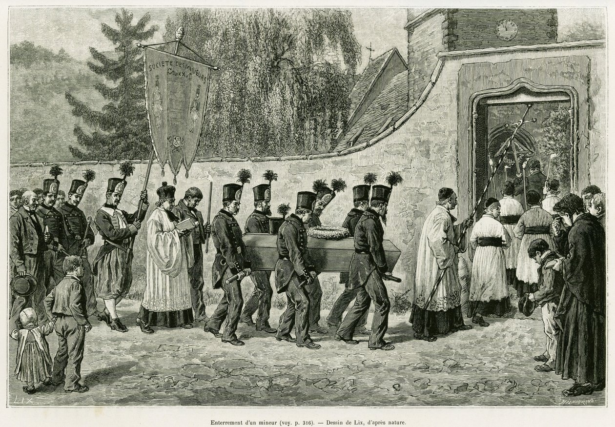 Begravning av en minderårig. Gravyr av Lix, för att illustrera berättelsen A Through Alsace and Lorraine, 1887, av Charles Grad, tysk deputerad, i tour du monde 1888, regisserad av Edouard Charton (1807-1890), Hachette, Paris. av Frederic Theodore Lix