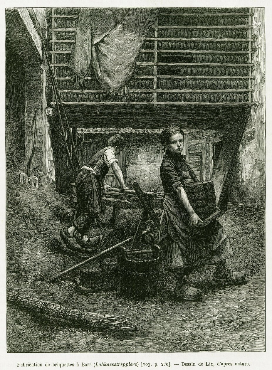 Barnarbete vid brikettering, Barr. Gravyr av Lix, för att illustrera berättelsen A Through Alsace and Lorraine, 1887, av Charles Grad, tysk deputerad, i tour du monde 1888, regisserad av Edouard Charton (1807-1890), Hachette, Paris. av Frederic Theodore Lix