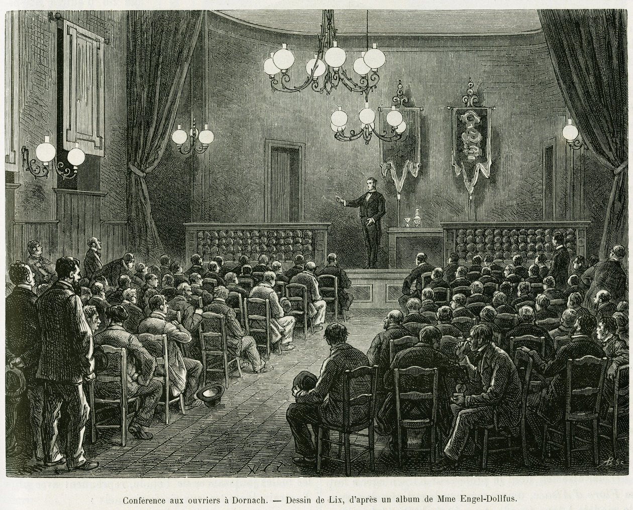 Konferens för arbetarna vid Dollfus Mieg-verkstäderna i Dornach. Gravyr av Lix för att illustrera berättelsen A Through Alsace and Lorraine, av Charles Grad, tysk deputerad, 1885, i tour du monde 1886, i regi av Edouard Charton (1807-1890), Hache av Frederic Theodore Lix