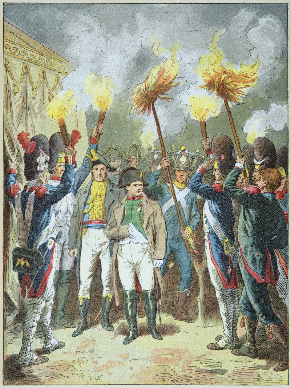 Kejsar Napolon I hyllades av sina grymtningar på tröskeln till slaget vid Austerlitz 1805. av Frederic Theodore Lix