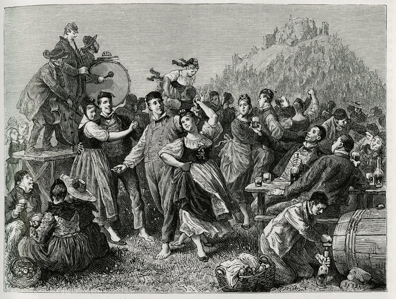 Fete des patres vid Hohneck (Vosges), söndag efter Saint John. Gravyr av F.Lix, för att illustrera berättelsen "Genom Alsace och Lorraine", 1884, av Charles Grad (1842-1890), tysk deputerad, författare och naturforskare. Publicerad i Le Tour du monde, nouv av Frederic Theodore Lix