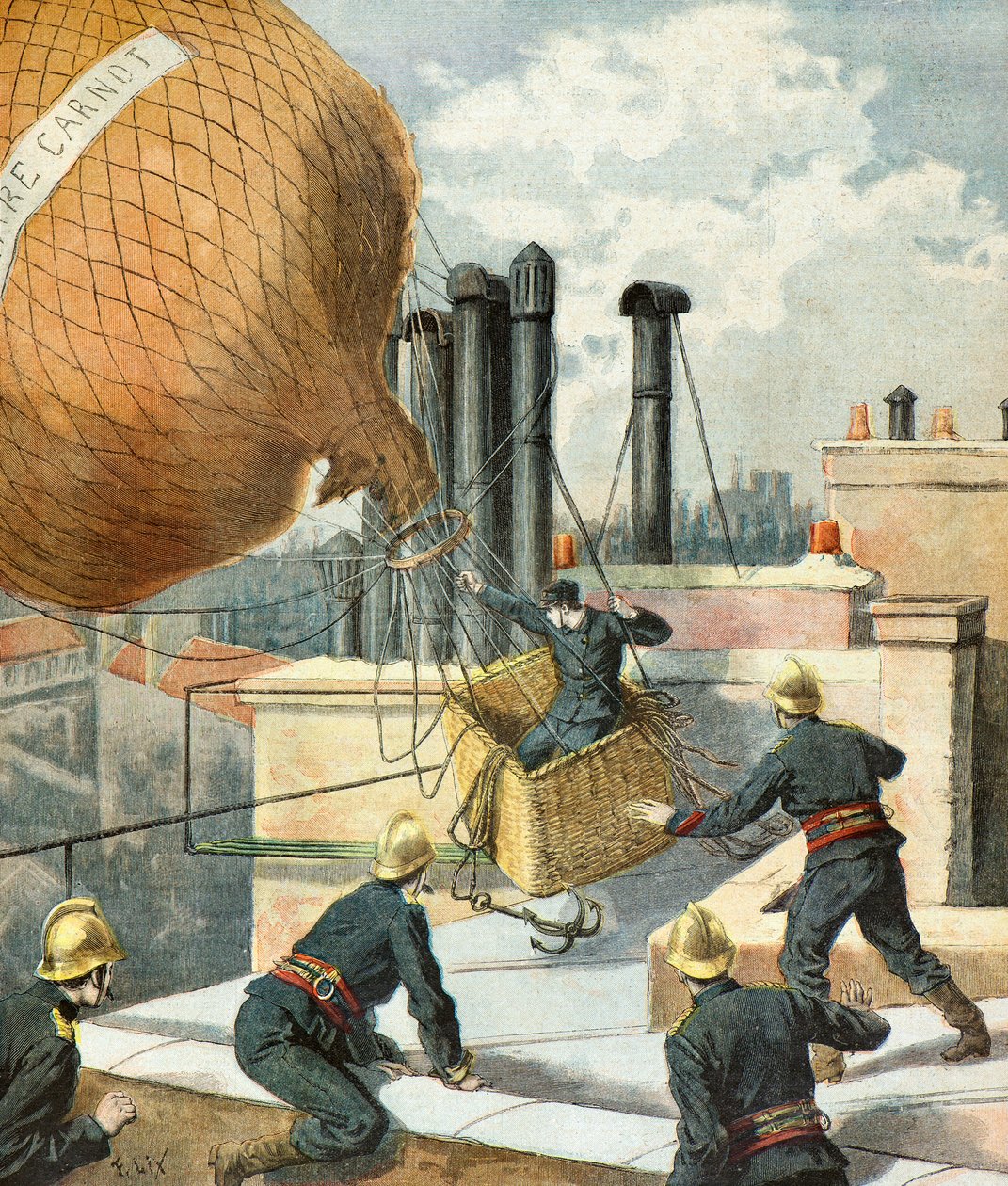 Brandmän räddar en man i en ballong av Frederic Theodore Lix