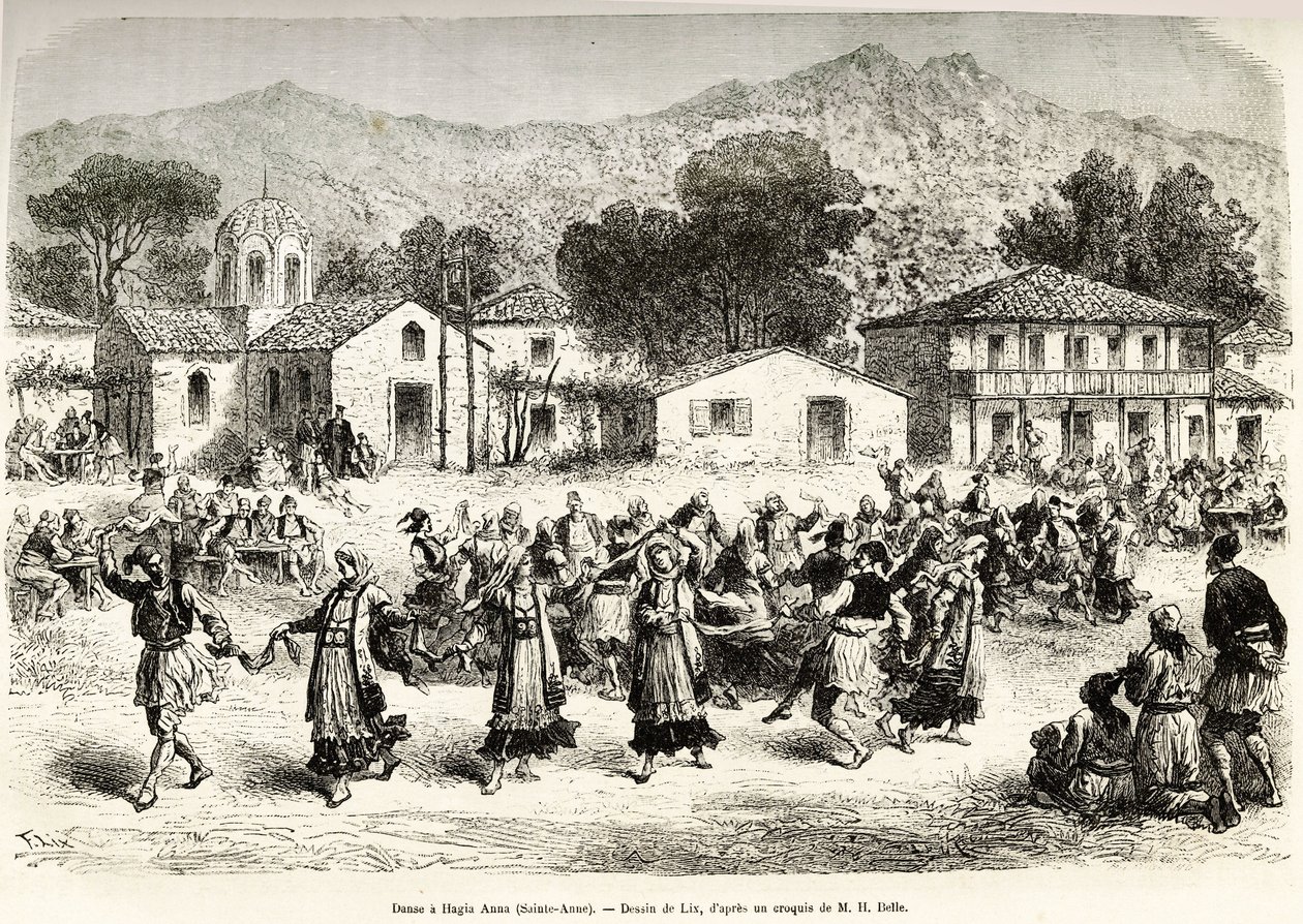 Folkdans på bytorget Haggia Anna (St. Anne). Gravyr efter ritningen av Lix, för att illustrera resan i Grekland, av Henri Belle, 1861-1868-1874, publicerad i "" Le tour du monde""" 1876, redigerad av Edouard Charton, Hachette-upplagan, Paris av Frederic Theodore Lix