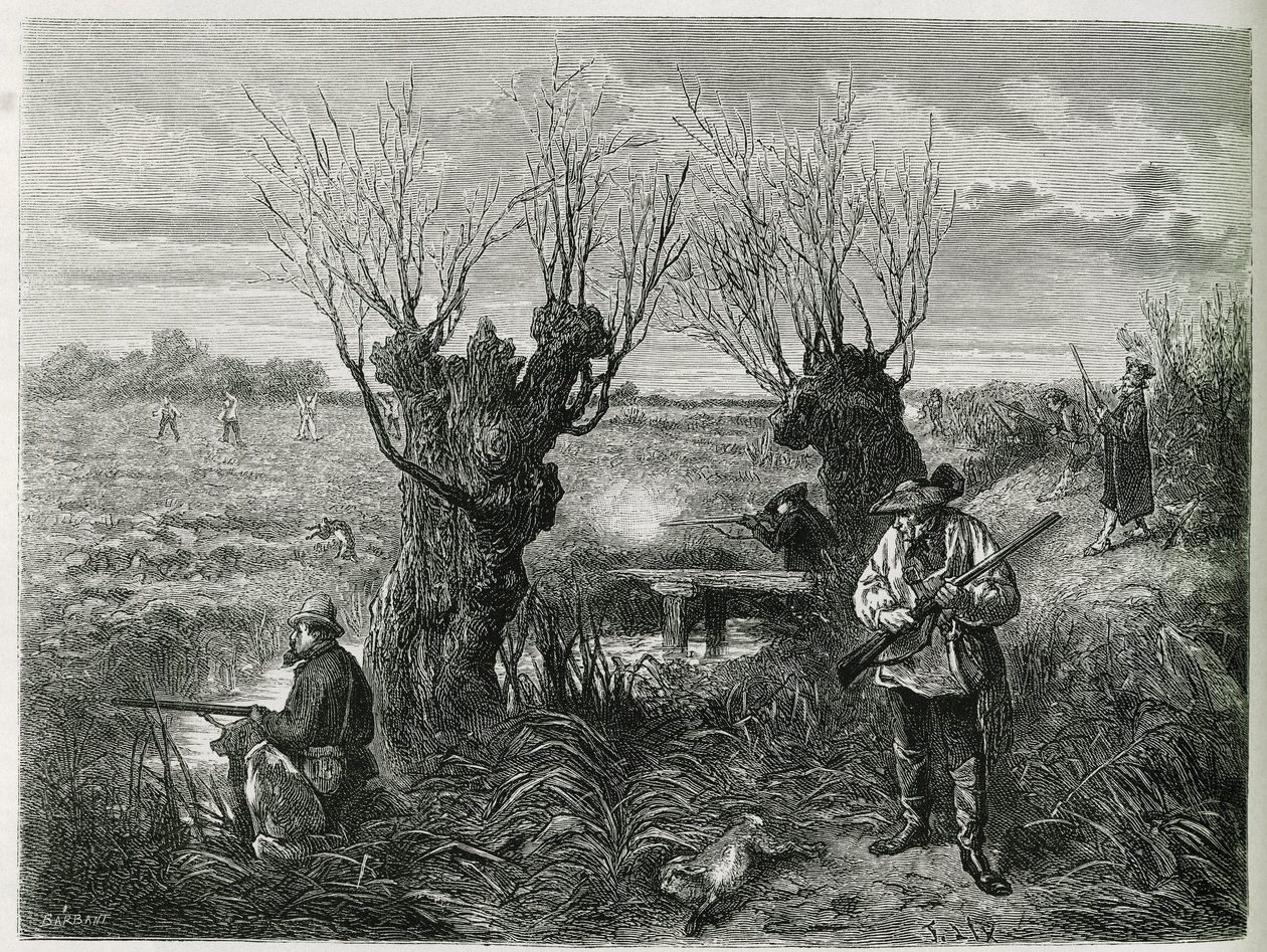 Jaga hare. Gravyr av F.Lix, för att illustrera berättelsen "Genom Alsace och Lorraine", 1884, av Charles Grad av Frederic Theodore Lix