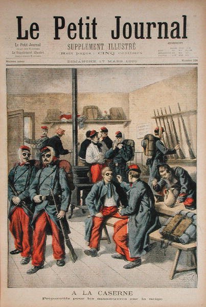 In the Barracks, Preparation for Maneuvers in the Snow, illustration från Le Petit Journal, 17 mars 1895 av Frederic Theodore Lix
