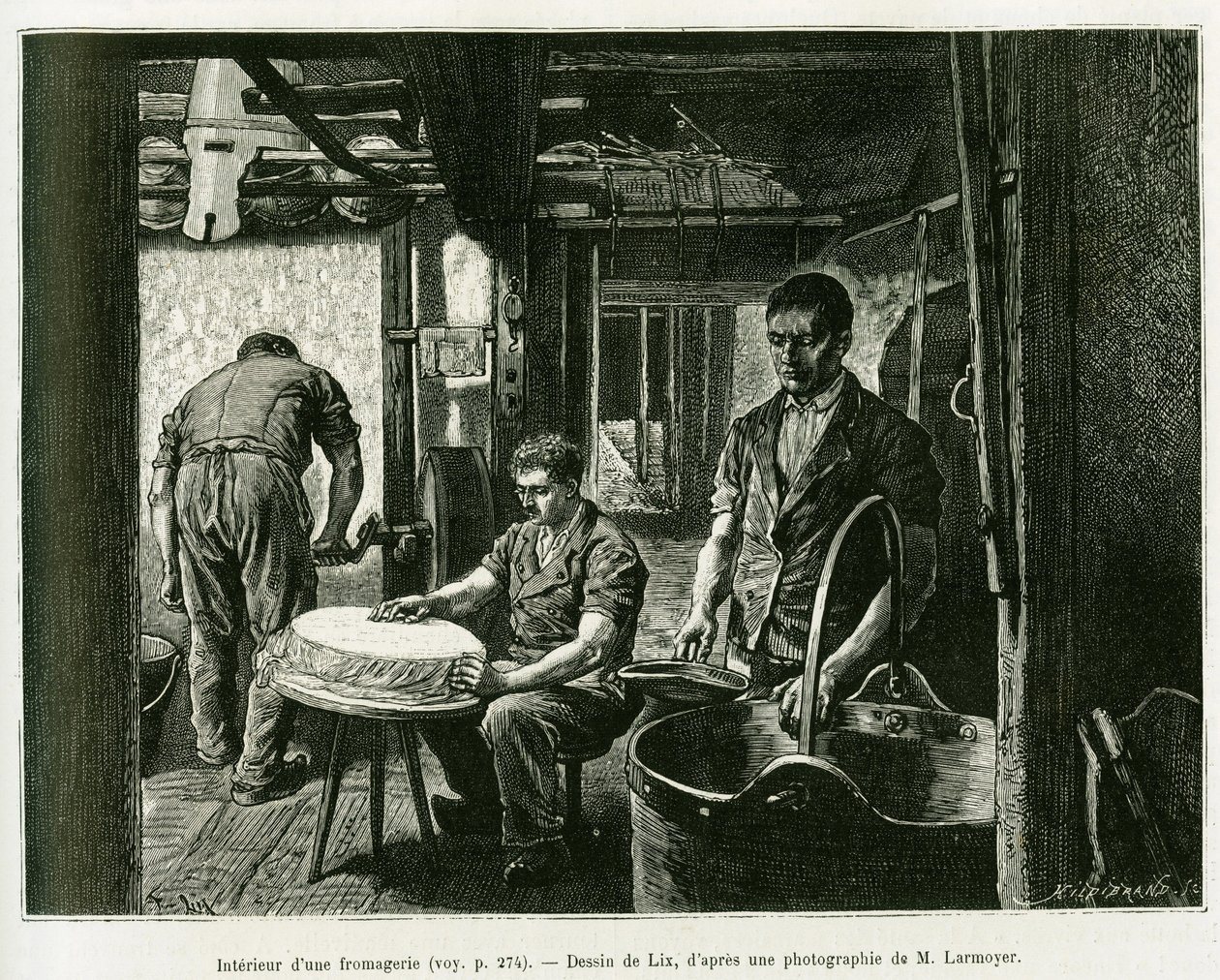 Inne i en ostfabrik. Gravyr av Lix, för att illustrera berättelsen A Through Alsace and Lorraine, av Charles Grad, tysk deputerad, 1885, i tour du monde 1887, under ledning av Edouard Charton (1807-1890), Hachette, Paris. av Frederic Theodore Lix
