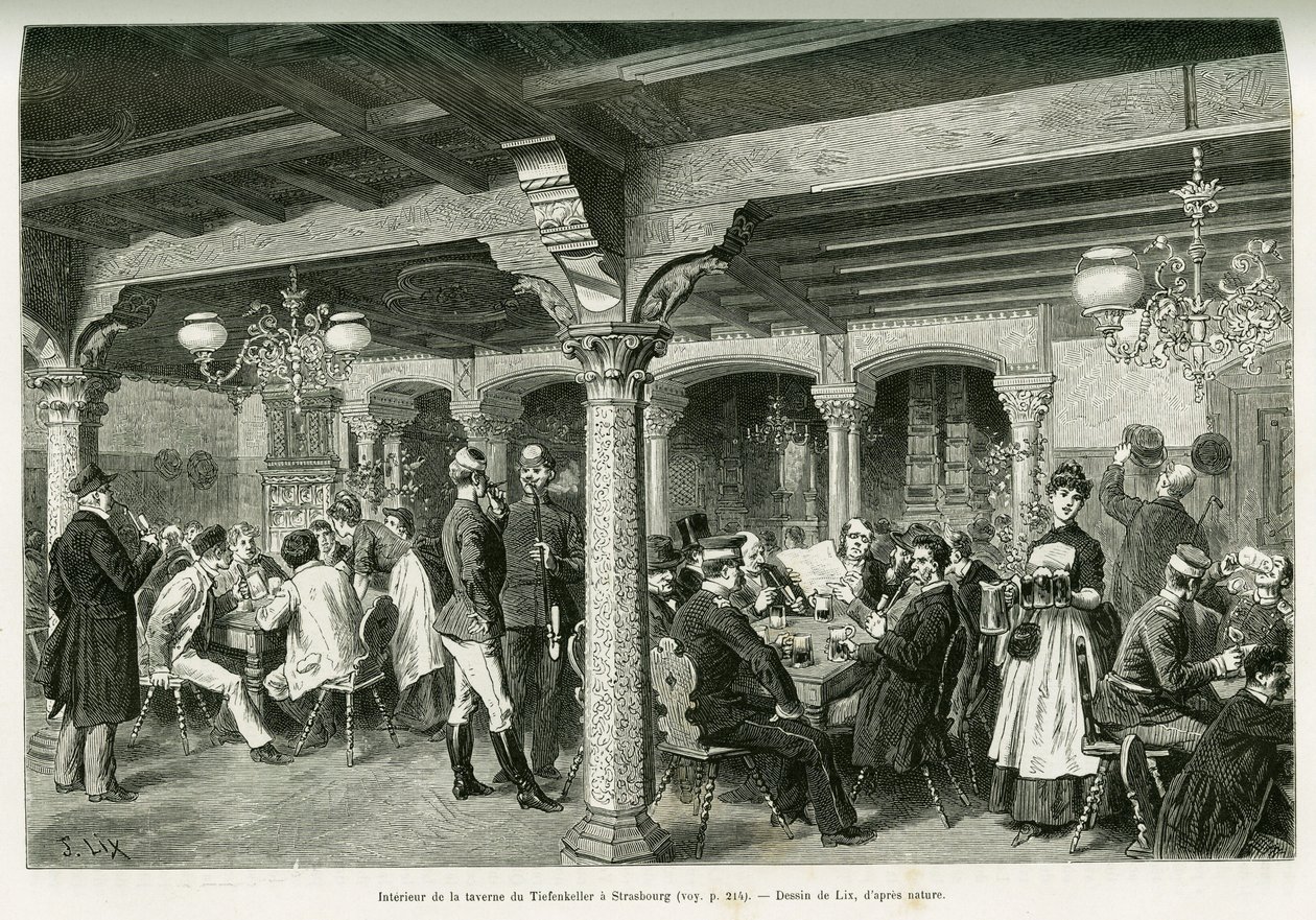 Interiör av Tiefenkeller tavern i Strasbourg. Gravyr av Lix, för att illustrera berättelsen A Through Alsace and Lorraine, 1887, av Charles Grad, tysk deputerad, i tour du monde 1888, regisserad av Edouard Charton (1807-1890), Hachette, Paris. av Frederic Theodore Lix
