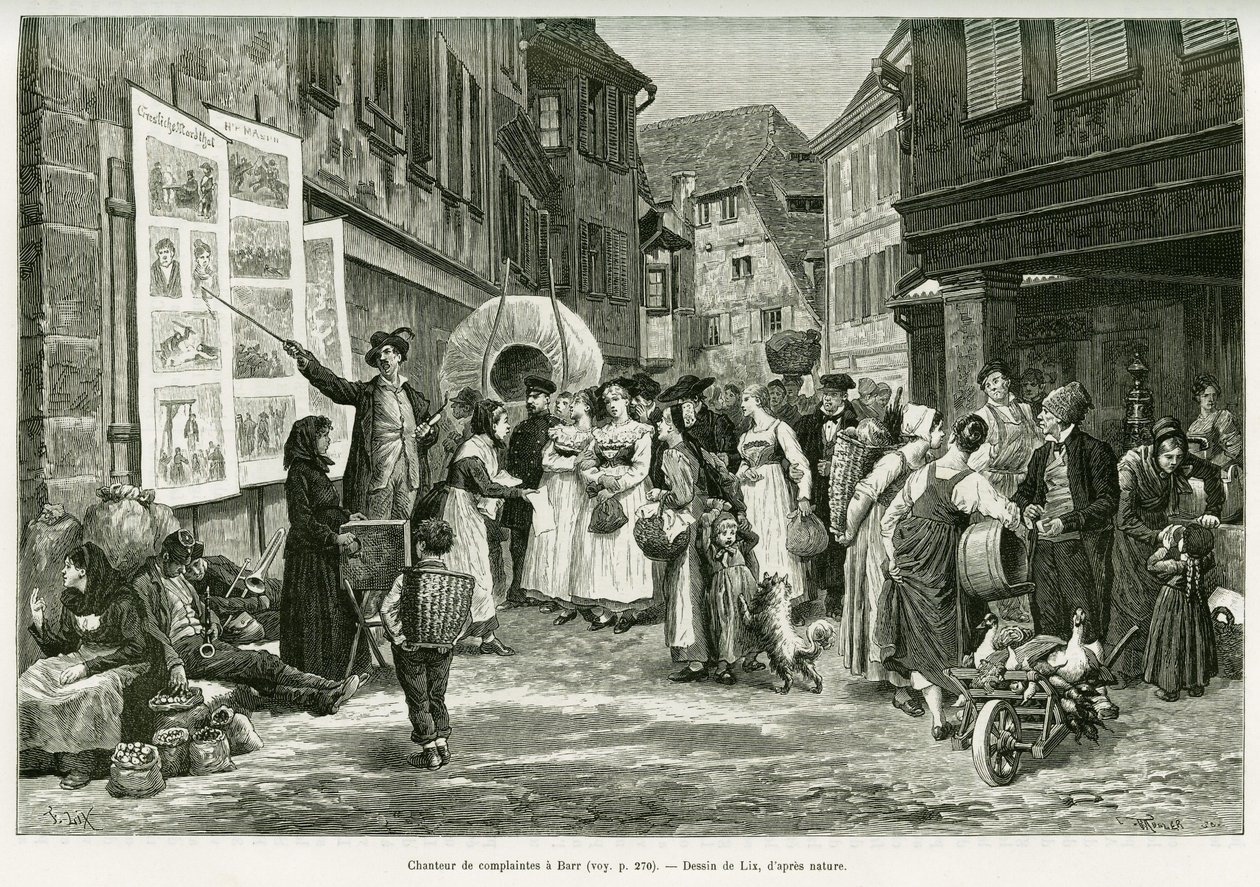 Beklaga sångare på gatorna i Barr. Gravyr av Lix, för att illustrera berättelsen A Through Alsace and Lorraine, 1887, av Charles Grad, tysk deputerad, i tour du monde 1888, regisserad av Edouard Charton (1807-1890), Hachette, Paris. av Frederic Theodore Lix
