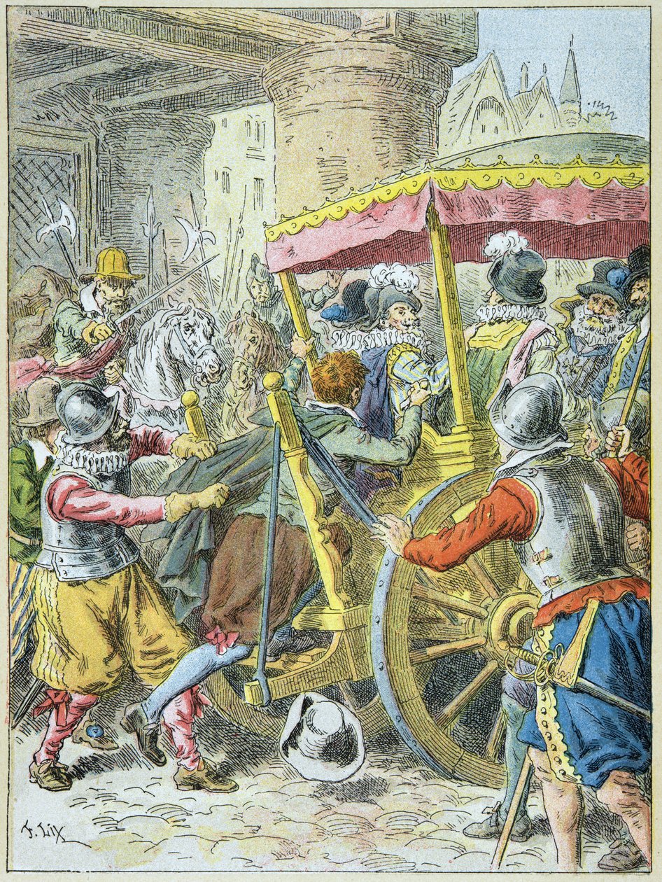 Mordet på kung Henri IV av François Ravaillac i Rue de la Ferronnerie Paris, 14 maj av Frederic Theodore Lix