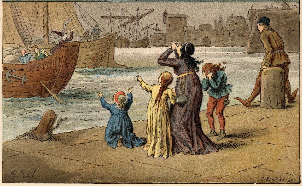 Populär låt: "A Nantes est arrive"". Barn sörjer sitt hav, borttaget av en sjöman. Illustration (detalj) av Frederic Theodore Lix (1830-1897) i "" Chansons et rounds enfantines des provinces de la France"" av Frederic Theodore Lix