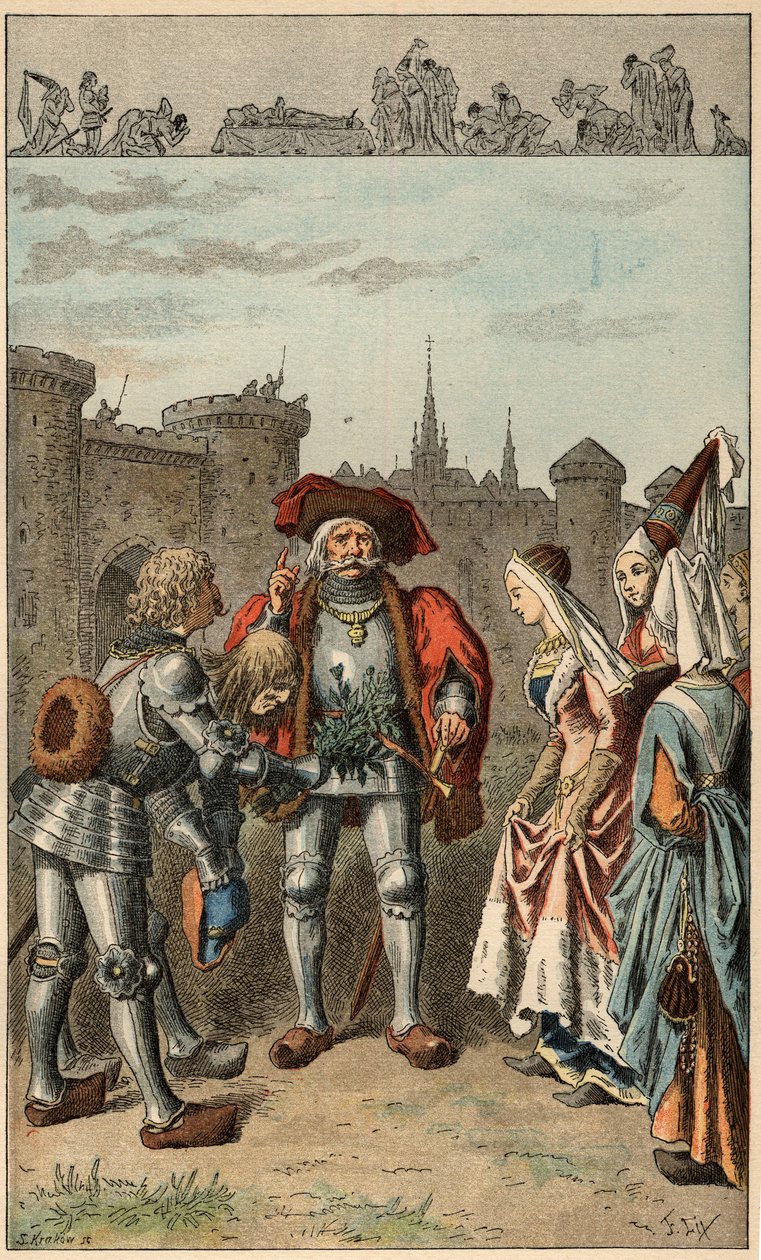 Populär låt: "It was Anne of Brittany"". Drottning av Frankrike Anne av Bretagne (1477-1514), som anländer till Rennes, får en bukett verbena. Illustration av Frederic Theodore Lix (1830-1897) i ""Barnsånger och rundor från Frankrikes provinser"" av Frederic Theodore Lix