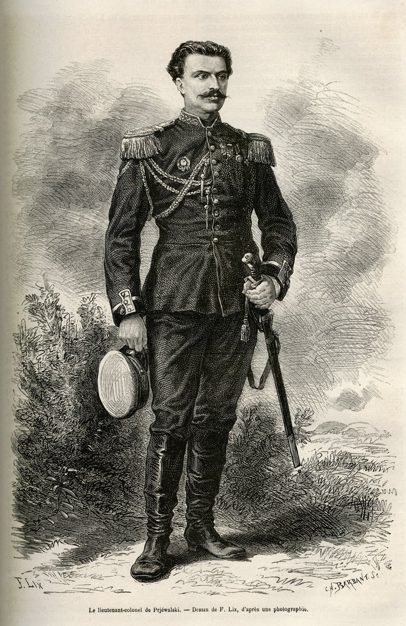 Porträtt av resenären och berättaren överstelöjtnant av Prjewalski, teckning av F.Lix för att illustrera resan till Mongoliet och Tanguternas land från 1870 till 1873, av överstelöjtnant av Prjewalski. Gravyr i Le tour du monde av Frederic Theodore Lix