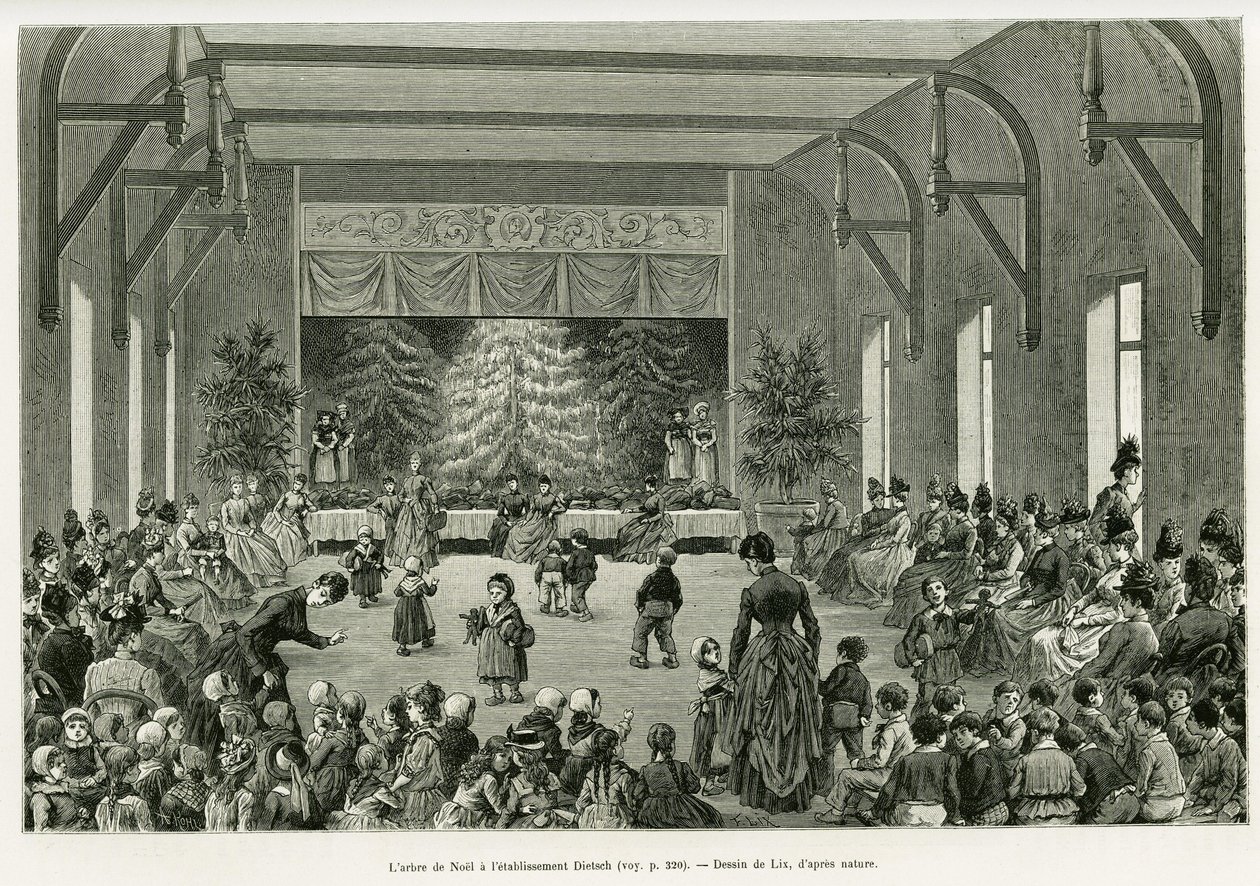Julgranen på Etablissementet Dietsch. Gravyr av Lix, för att illustrera berättelsen A Through Alsace and Lorraine, 1887, av Charles Grad, tysk deputerad, i tour du monde 1888, regisserad av Edouard Charton (1807-1890), Hachette, Paris. av Frederic Theodore Lix