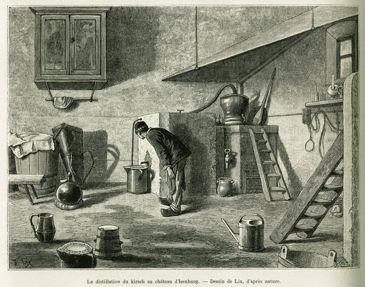 Destillationen av kirsch på slottet Isenburg. Gravyr av Lix, för att illustrera berättelsen A Through Alsace and Lorraine, 1887, av Charles Grad, tysk deputerad, i tour du monde 1888, regisserad av Edouard Charton (1807-1890), Hachette, Paris. av Frederic Theodore Lix
