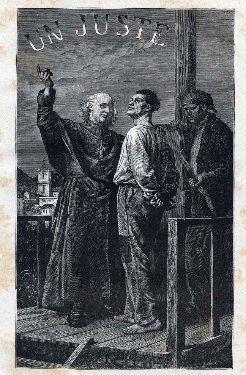 Evenemanget Myriel åtföljer en dödsdom som klättrar på ställningen - Illustration av Frederic Theodore Lix (1830-1897) för "The Miserables - First Part: Fantine" av Victor Hugo (1802-1885) 1862 av Frederic Theodore Lix