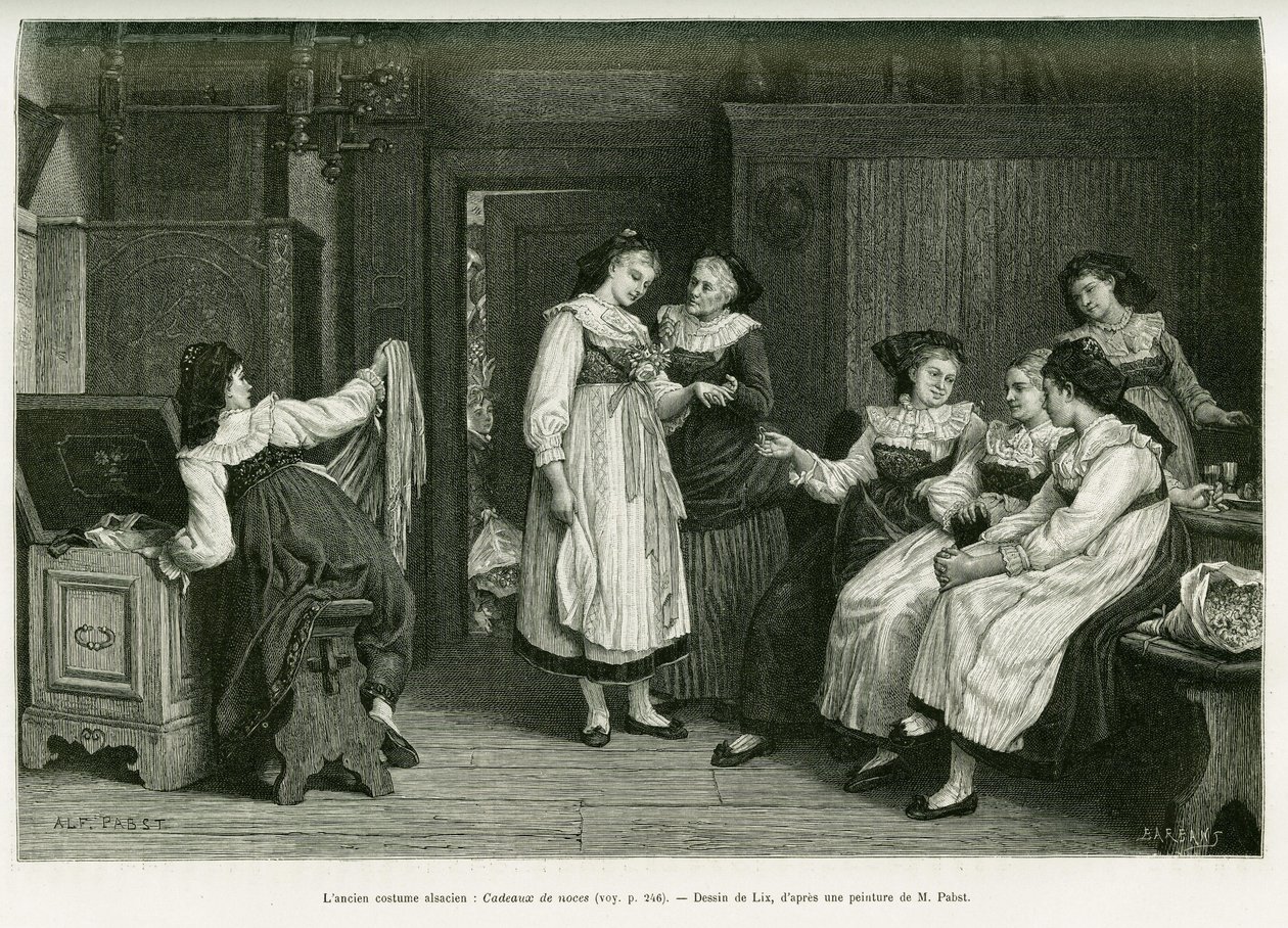 Den gamla Alsace dräkten. Gravyr av Lix, efter en målning Present de Noces av Pabst, för att illustrera berättelsen A Through Alsace and Lorraine, av Charles Grad, tysk deputerad, 1885, i tour du monde 1887, under ledning av Edouard Charton (1807) av Frederic Theodore Lix