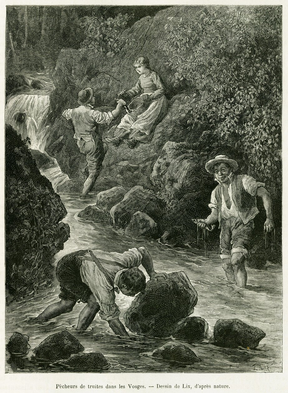 Öringfiskare i Vogeserna. Gravyr av Lix, för att illustrera berättelsen A Through Alsace and Lorraine, av Charles Grad, tysk deputerad, 1885, i tour du monde 1887, under ledning av Edouard Charton (1807-1890), Hachette, Paris. av Frederic Theodore Lix