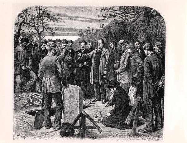 Victor Hugo (1802-85) på Guernsey håller begravningstalan för en följeslagare i exil, ca 1880 (gravyr) (s/v foto) av Frederic Theodore Lix