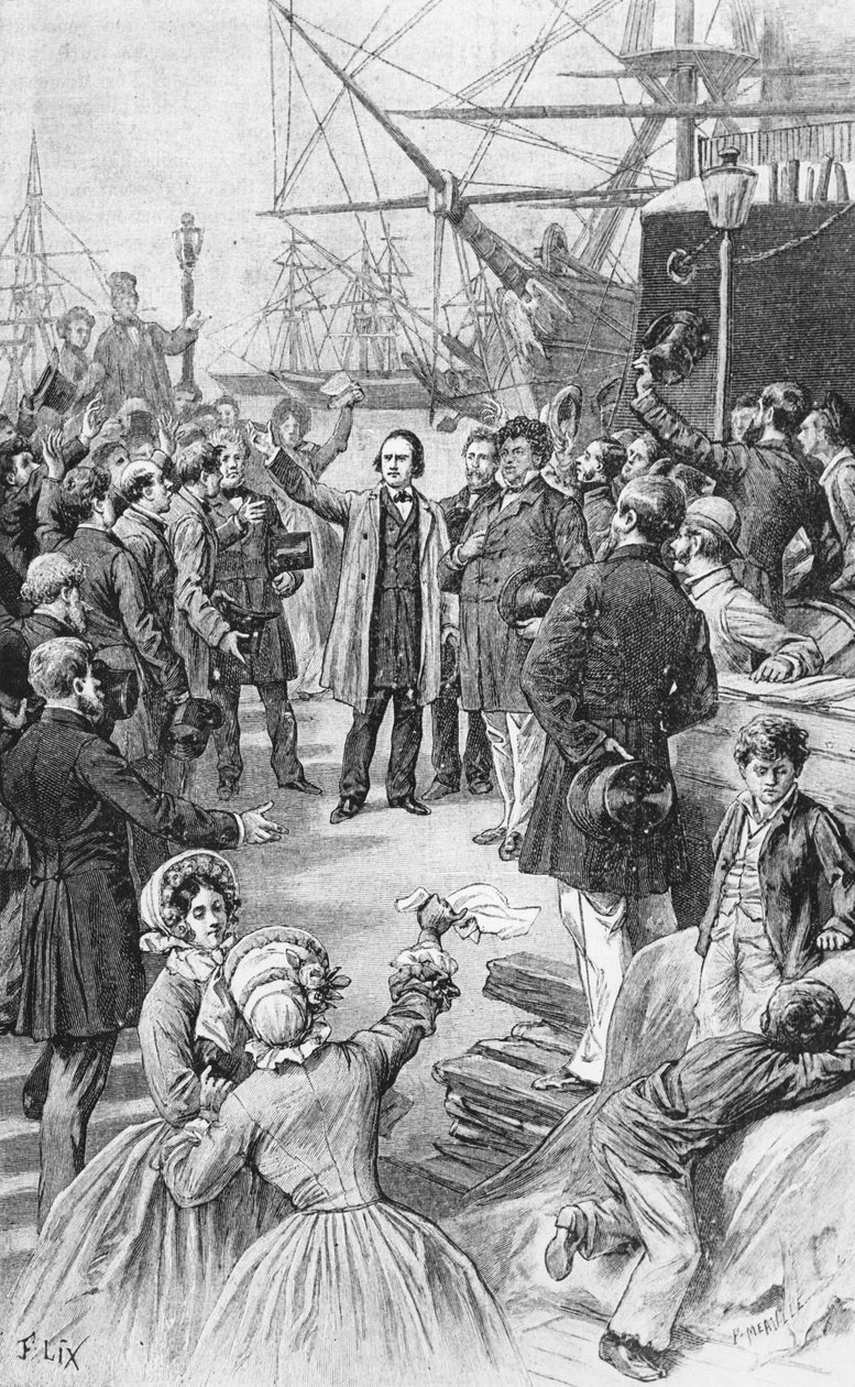 Victor Hugo (1802-85) tar farväl av sina vänner och anhängare i Antwerpen den 1 augusti 1852, ca 1885. av Frederic Theodore Lix