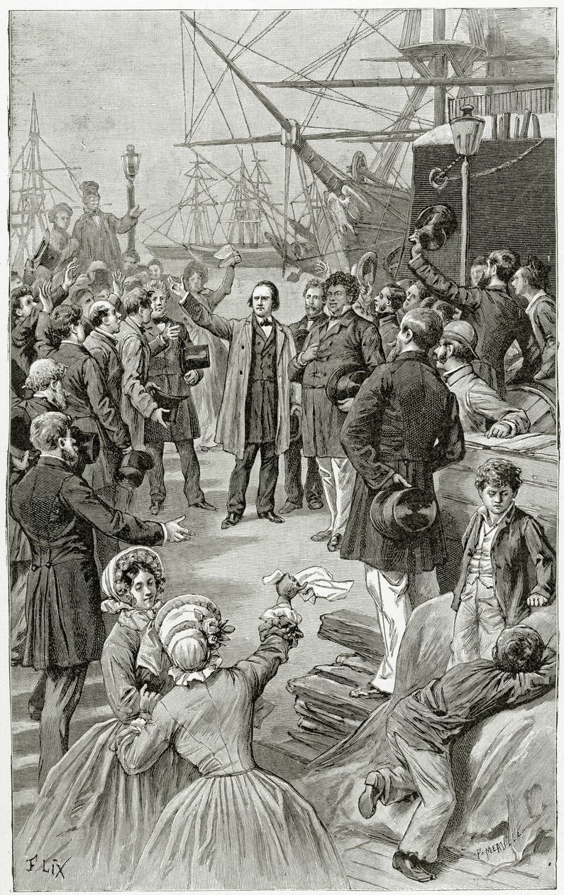 Victor Hugo hyllar en universell republik under ett tal i exil den 1 augusti 1852, 1800-talet (bw-gravyr) av Frederic Theodore Lix