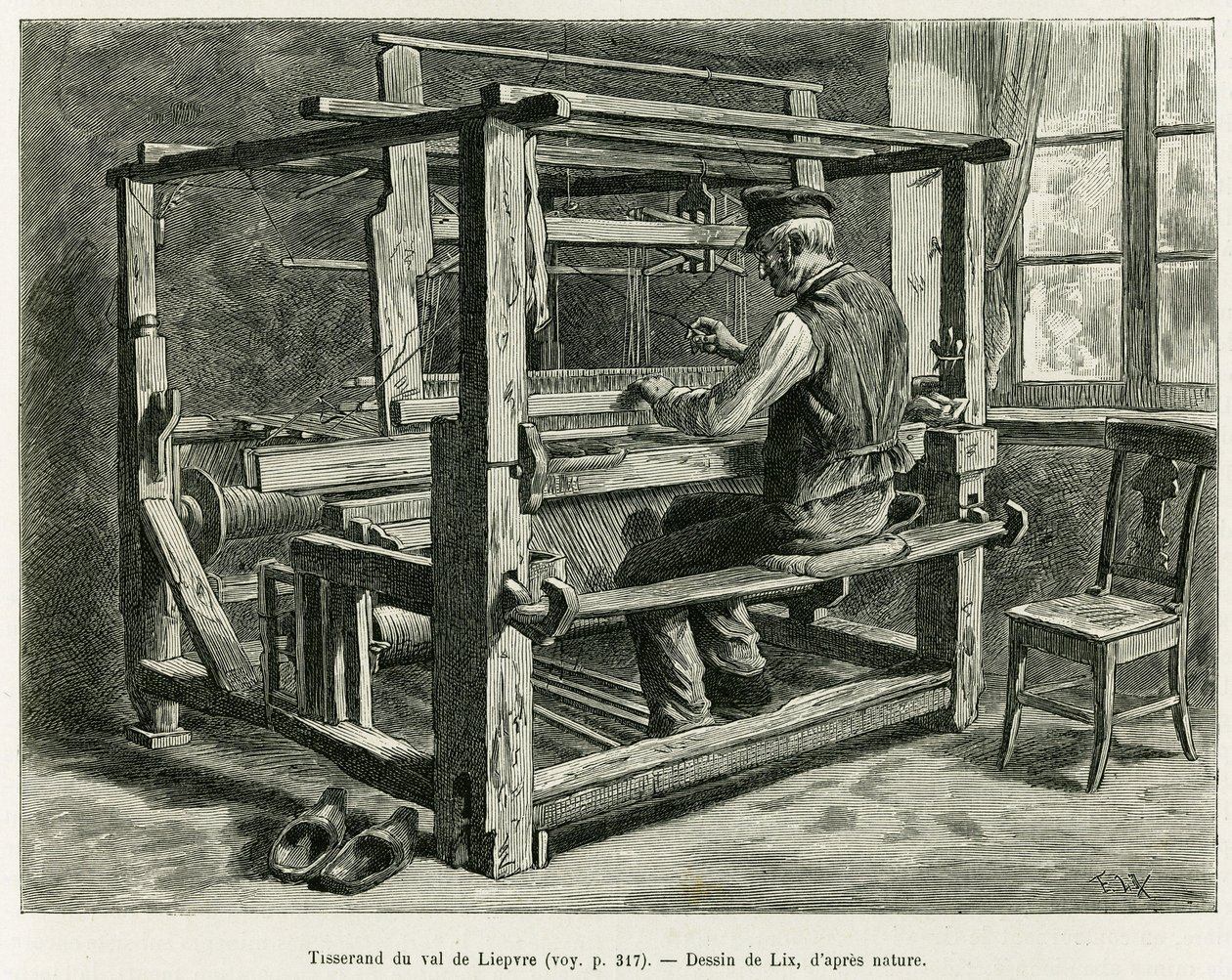 Väver av Liepvredalen. Gravyr av Lix, för att illustrera berättelsen A Through Alsace and Lorraine, 1887, av Charles Grad, tysk deputerad, i tour du monde 1888, regisserad av Edouard Charton (1807-1890), Hachette, Paris. av Frederic Theodore Lix