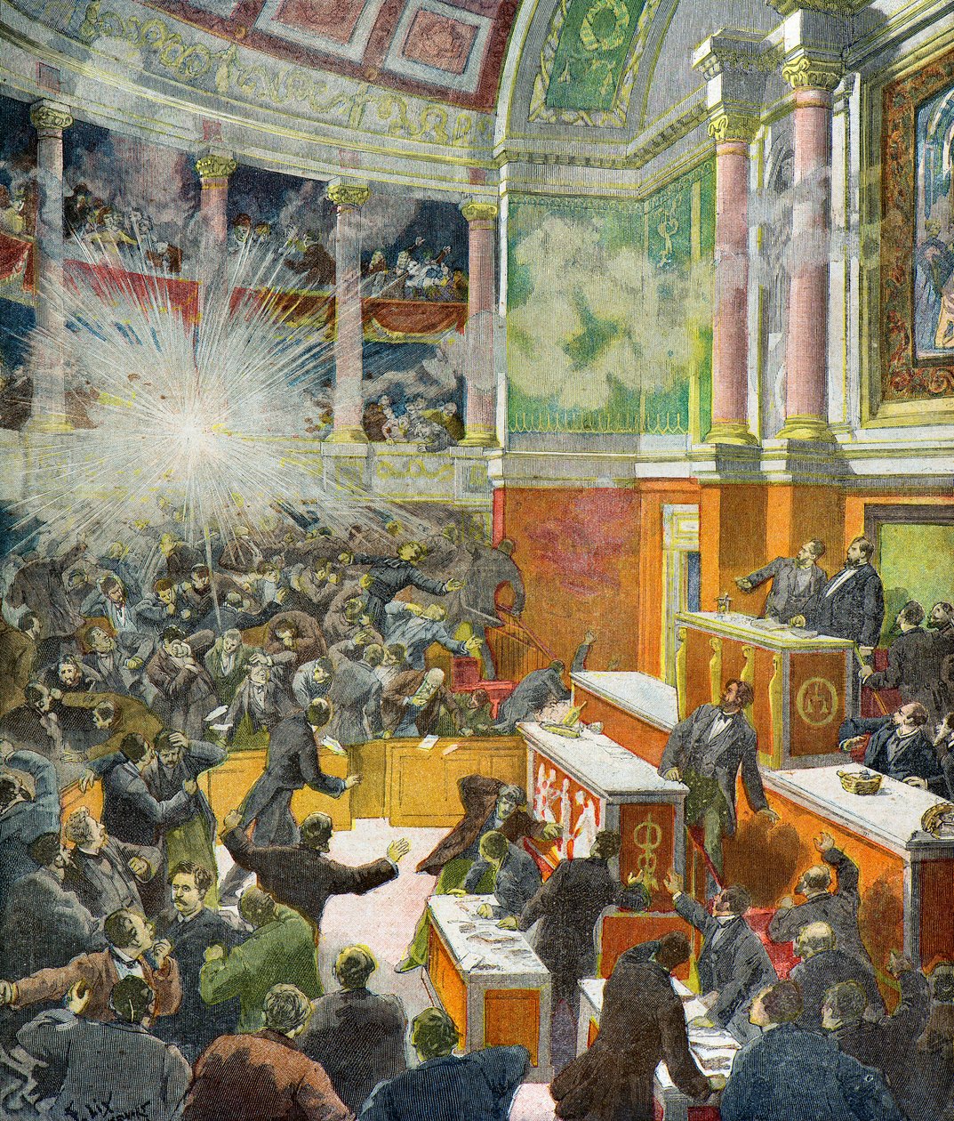 explosion av en bomb som kastats av Auguste Vaillant av Frederic Theodore Lix