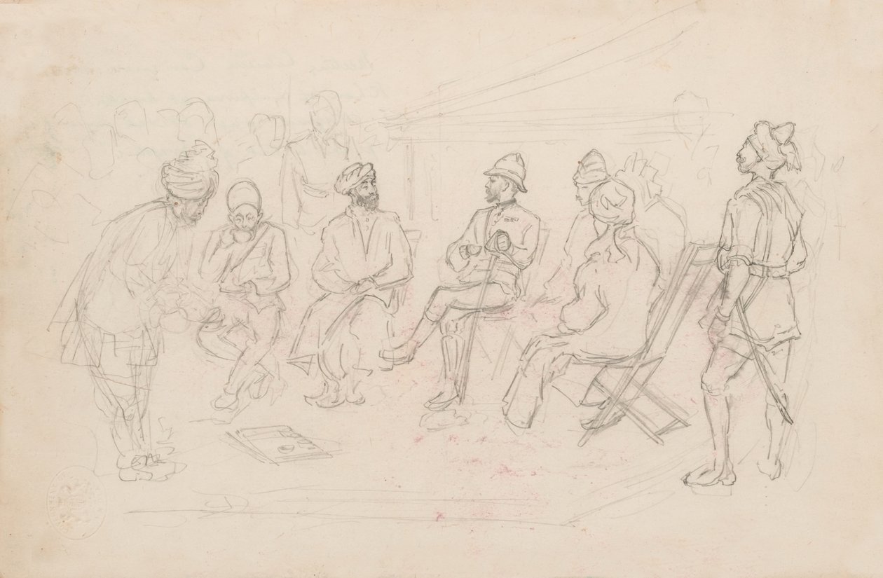 "Mötet mellan Cavagnari och Khan of Lalpura i Dakka i februari 1879" (penna) av Frederic Villiers