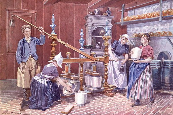 Osttillverkning i Holland, ca 1900 (färg litho) av Frederic de Haenen