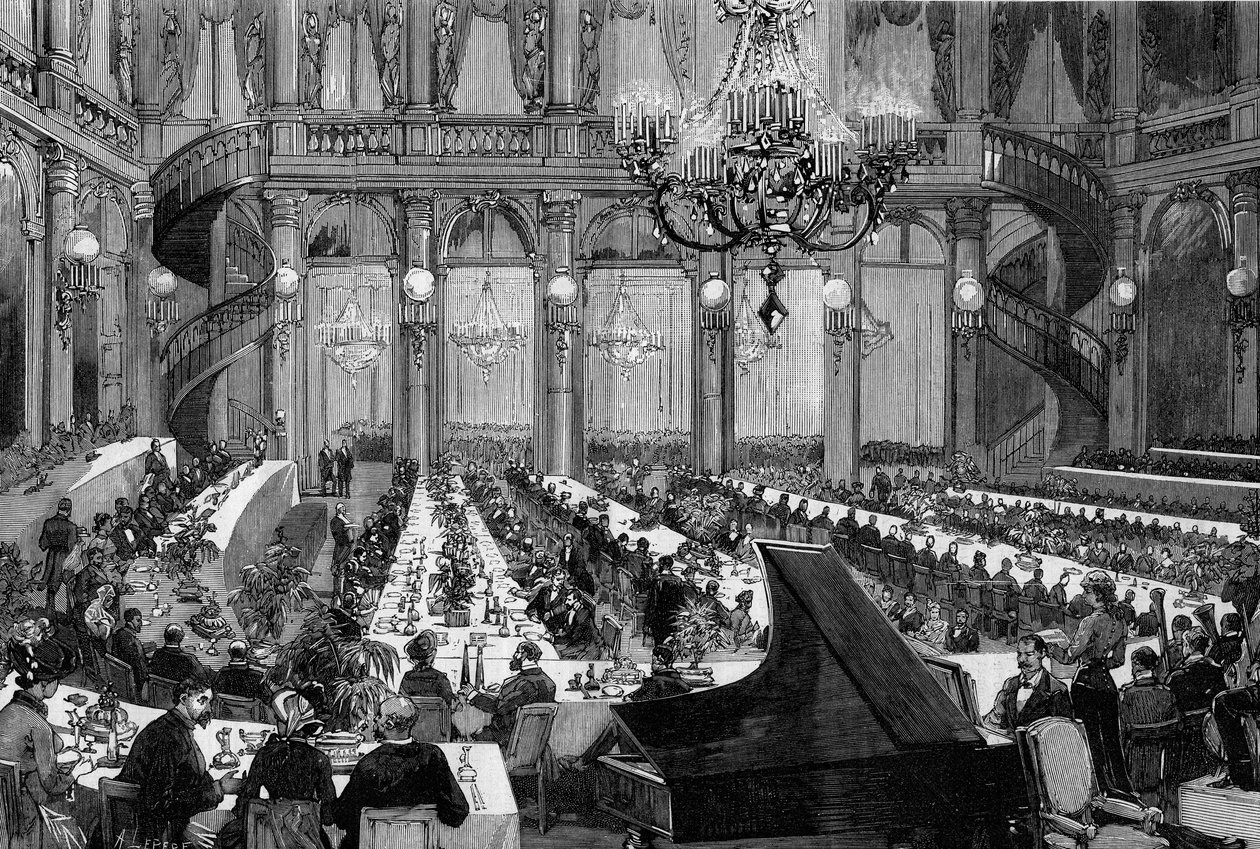 Middagskonsert i festsalen på Grand Hotel de Paris. Gravyr av De Haenen i ""The Illustrous World"" nr 1250 av 12 mars 1881. av Frederic de Haenen