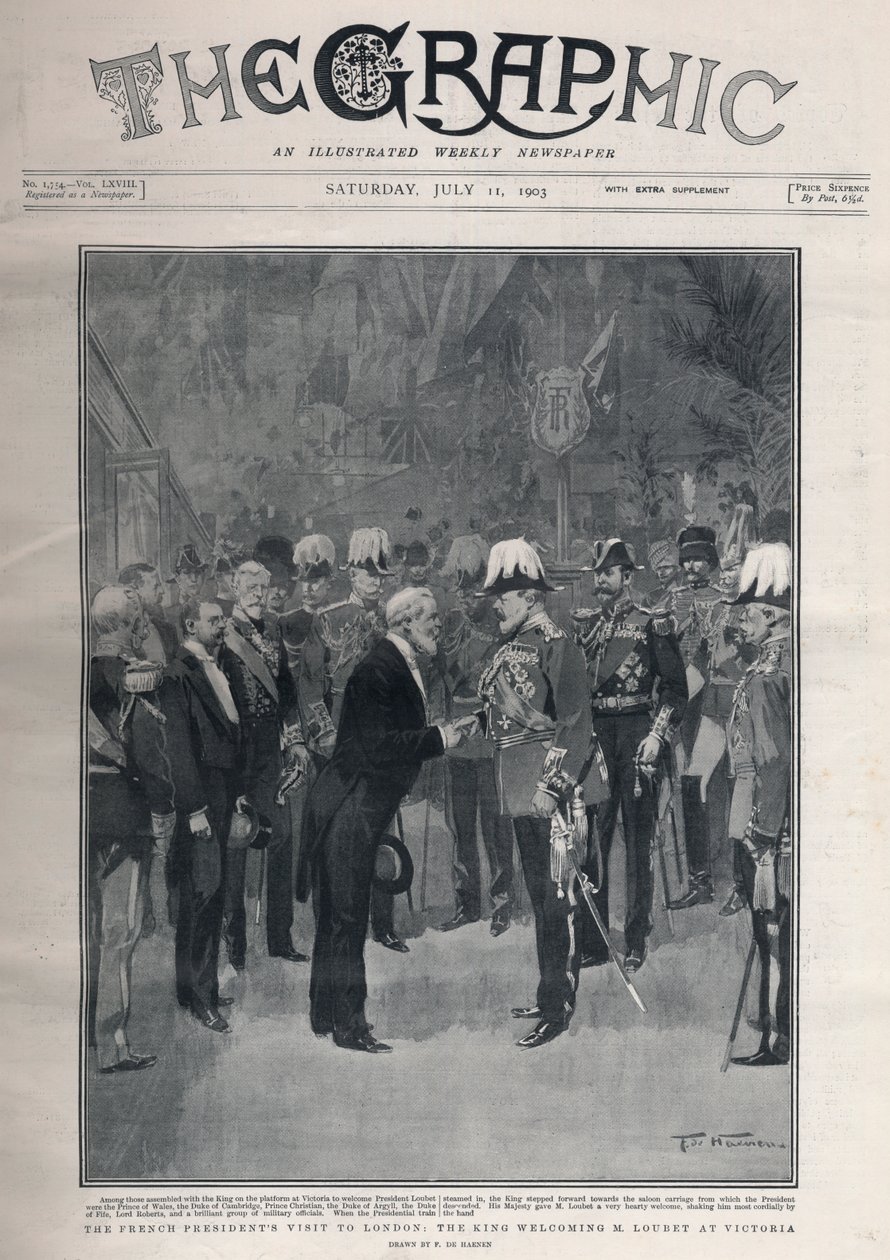 Entente cordiale: Frankrikes president Emile Loubets besöker London. Kung Edward VII välkomnar M. Loubet på Victoria Station. av Frederic de Haenen
